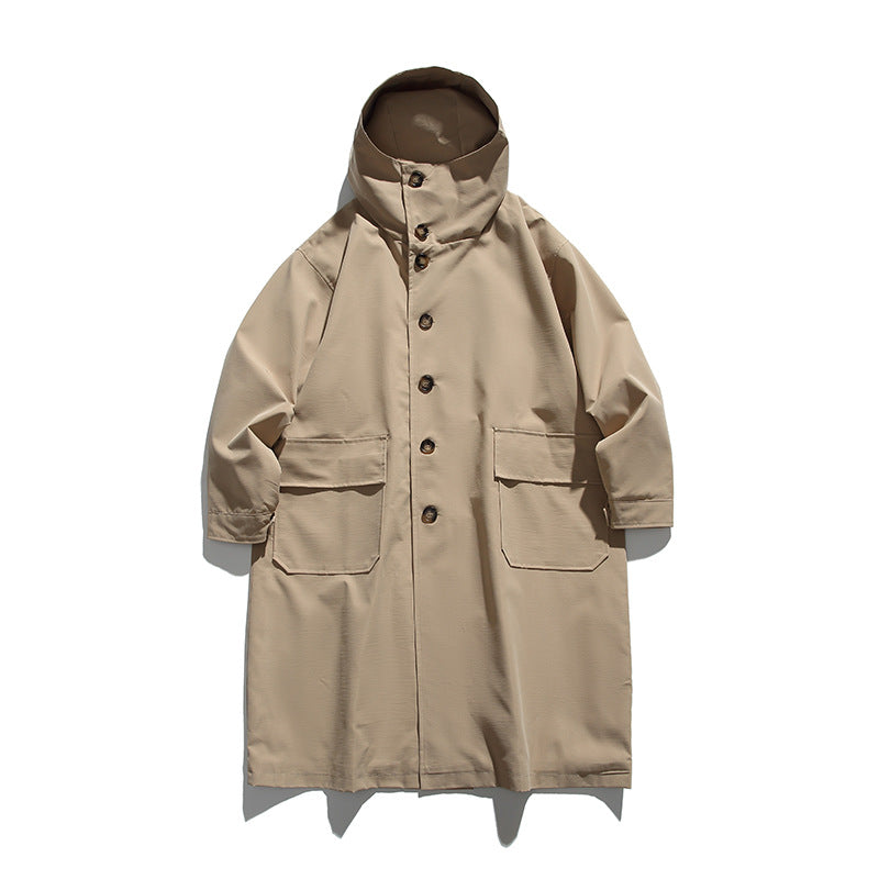 Unisex Longer Hooded Coat in Boxy Cut with Concealed Button Placket and Large Flap Pockets Amarae