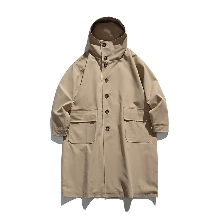 Unisex Longer Hooded Coat in Boxy Cut with Concealed Button Placket and Large Flap Pockets Amarae