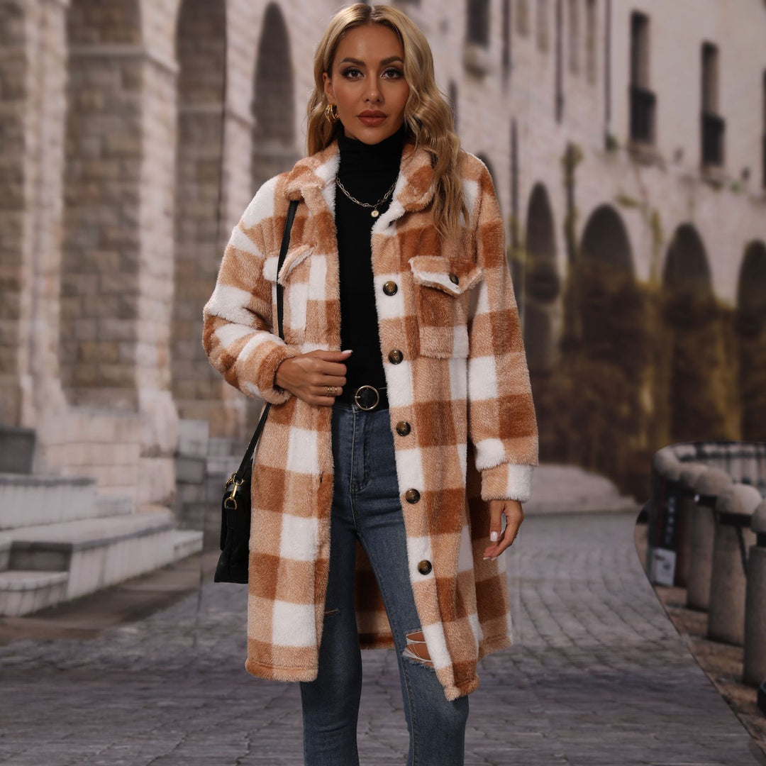 Ladies winter velvet jacket with checked design and practical pockets Amarae