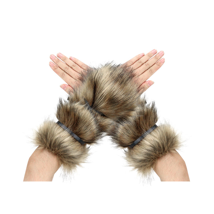 Men's Viking-inspired faux fur accessory set with shawl collar hip apron arm protectors and shin guards Amarae
