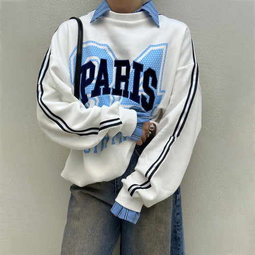 Oversized sweatshirt for women with Paris fashion print and striped accents Amarae