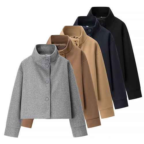 Trendy cropped transitional jacket for women with elegant high collar and practical button details Amarae