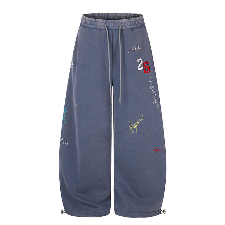 Women's Extra Wide Palazzo Sweatpants with Drawstring Waist, Embroidery Details, and Adjustable Hem