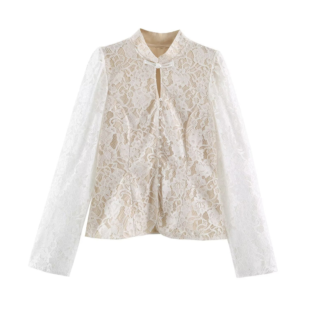 Women's lace blouse with stand-up collar and pearl button placket Amarae