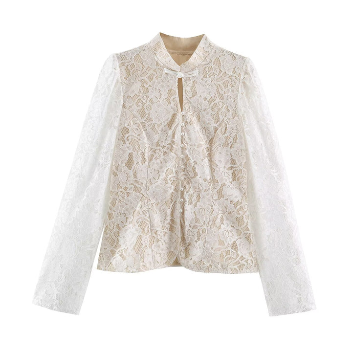 Women's lace blouse with stand-up collar and pearl button placket Amarae
