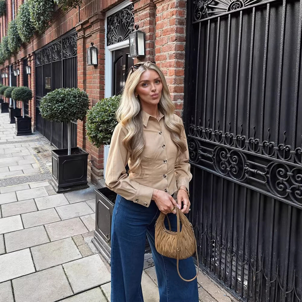 Women's Tailored Shirt Blouse with Shaped Waist, Full Button Placket & Kent Collar Amarae