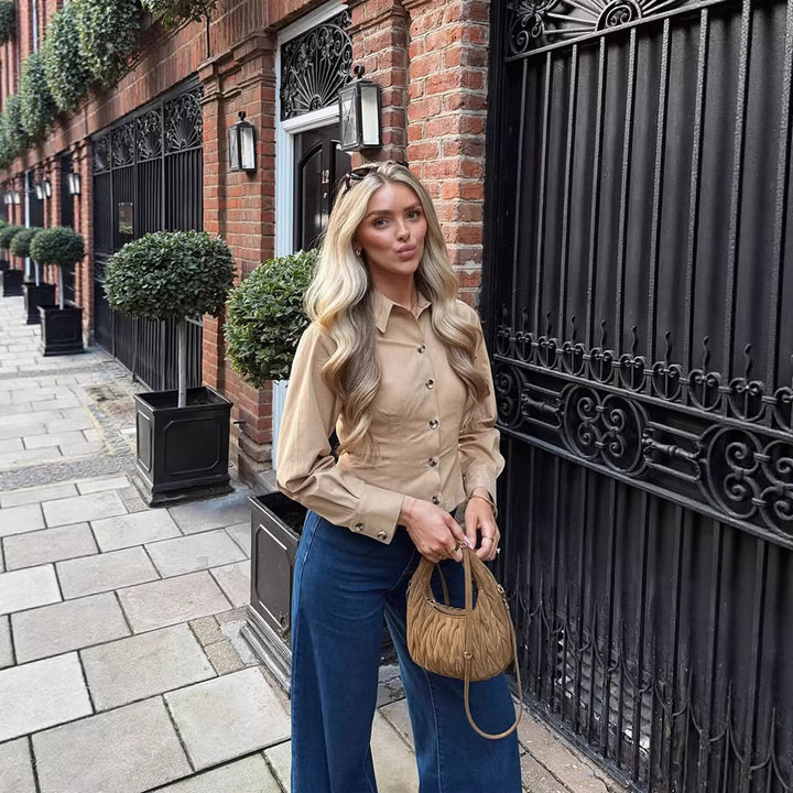 Women's Tailored Shirt Blouse with Shaped Waist, Full Button Placket & Kent Collar Amarae