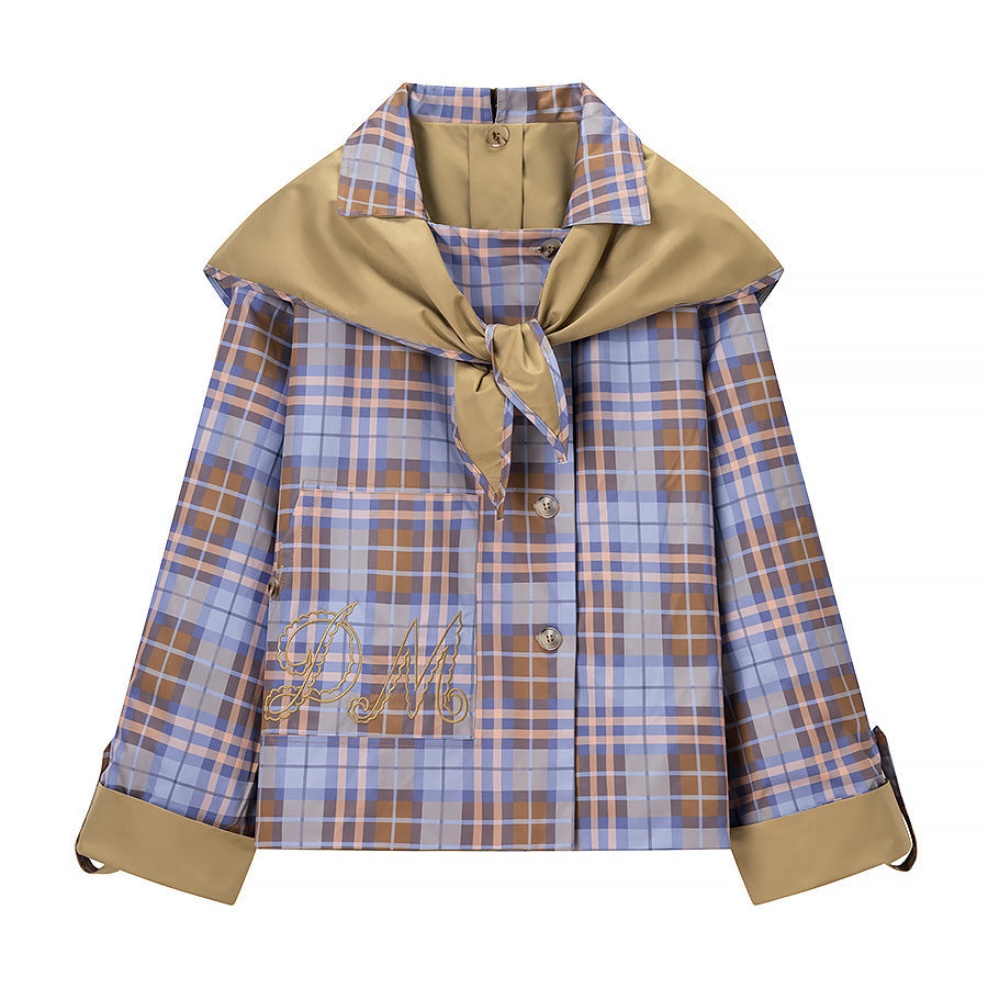 Women's Short Jacket with Removable Check Scarf Collar and Embroidered Patch Pocket Amarae