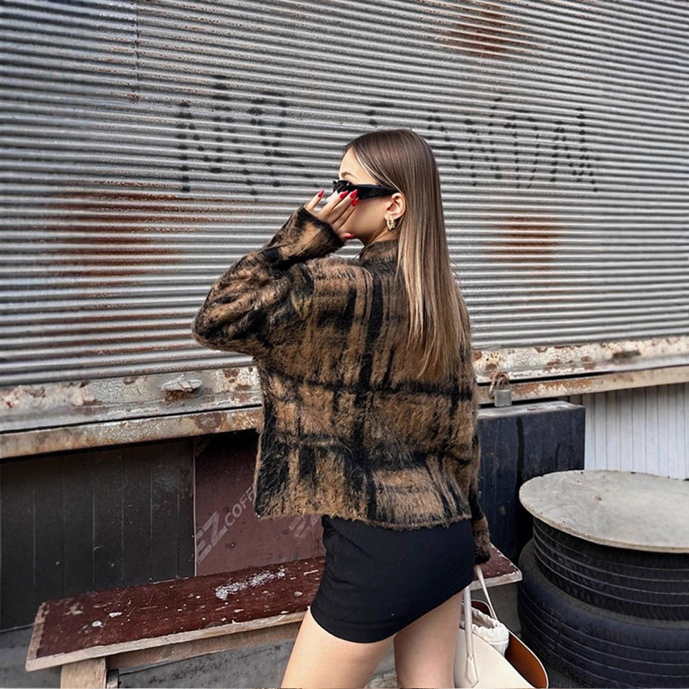 Women's Fluffy Pullover in Vintage Check with High Collar and Frayed Hem Amarae