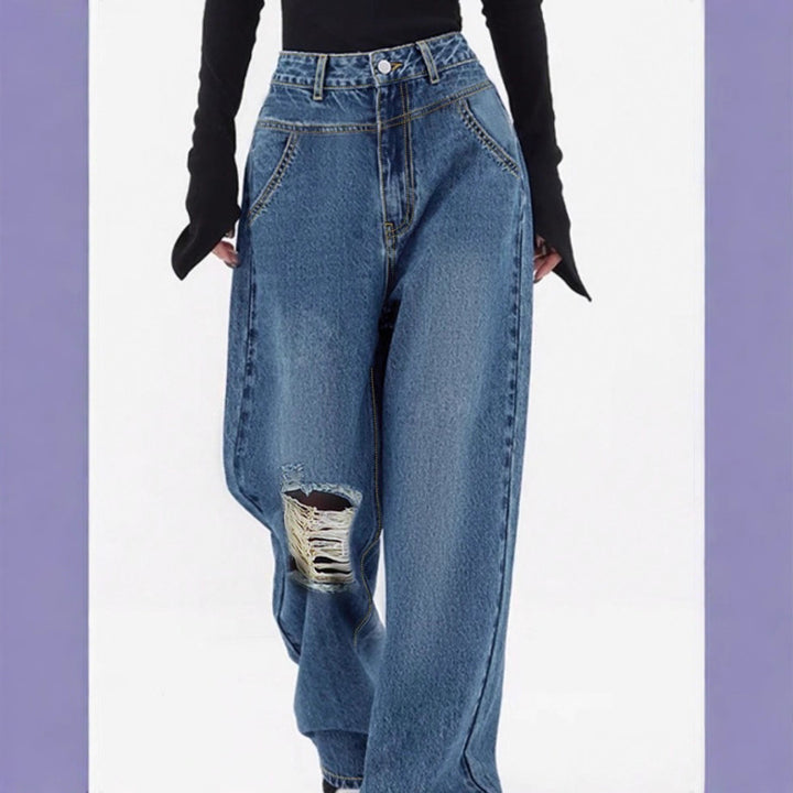 Women high-waisted oversized baggy jeans with knee rip and wide leg Amarae
