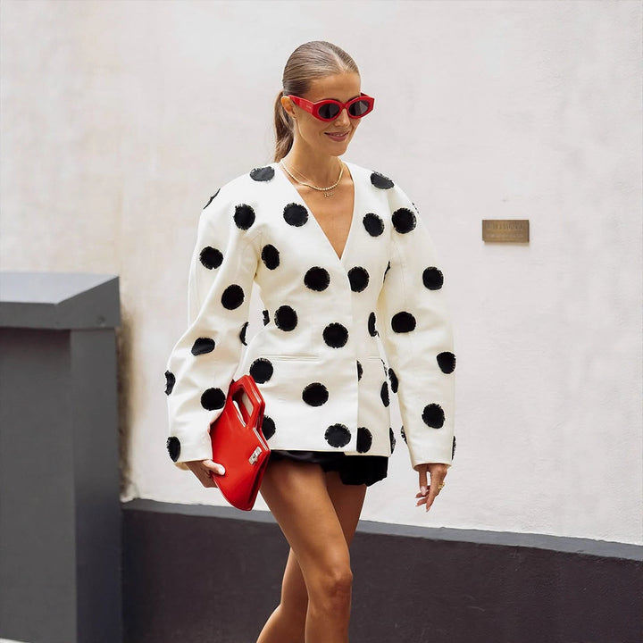 Women's Tailored Blazer with Deep V-Neck, Voluminous Sleeves and Polka-Dot Applications Amarae