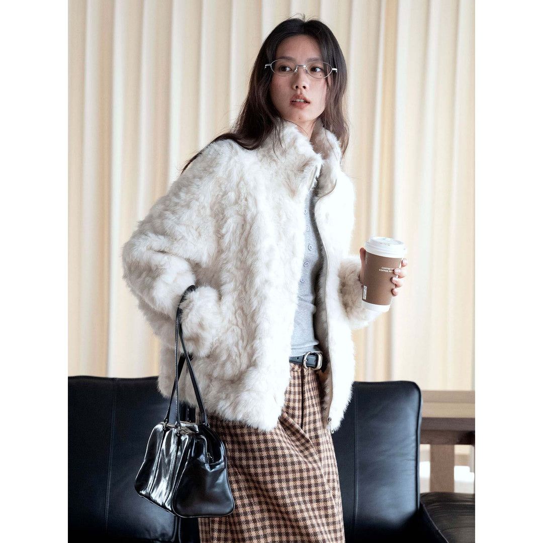 Women's Short Faux Fur Jacket with Stand-up Collar and Zipper Amarae