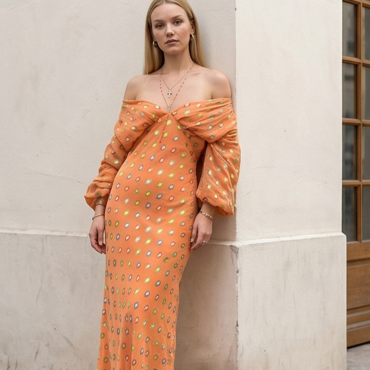 Women Elegant Off-Shoulder Maxi Dress with Twisted Front and Balloon Sleeves Amarae