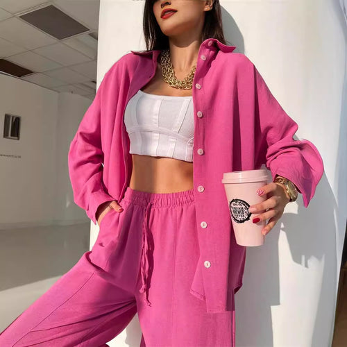 Women Casual Set in Lightweight Blended Fabric with Loose Blouse and Comfortable Pants Amarae
