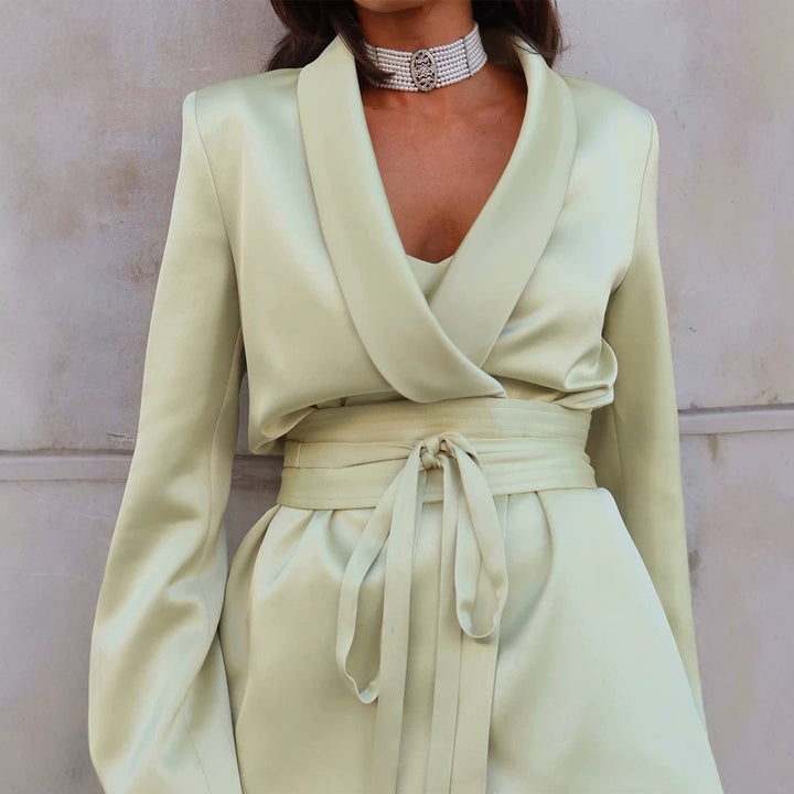 Women's Satin Two-Piece with Fitted Wrap Blazer and Wide Palazzo Pants Amarae