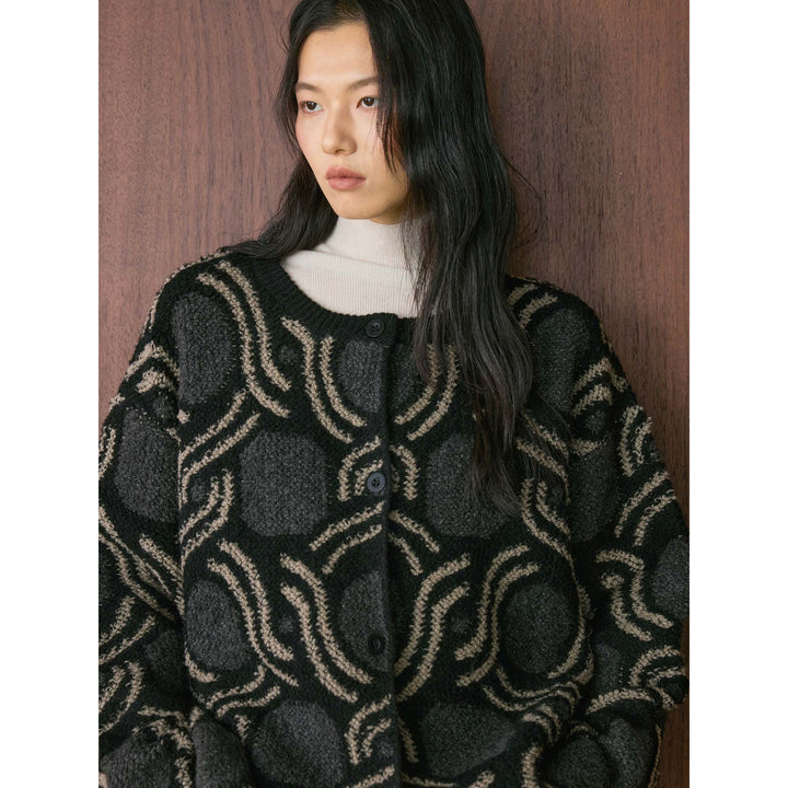 Women's Patterned Boucle Cardigan with Button Placket and Boxy Oversized Silhouette Amarae