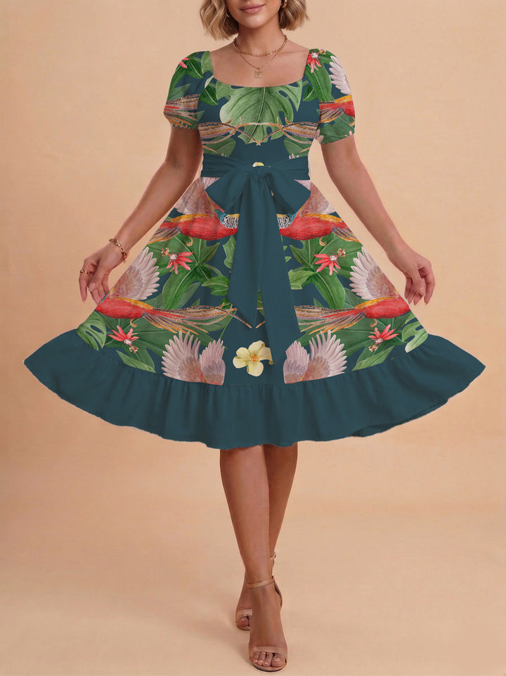 Women's floral dress with adjustable belt and voluminous sleeves Lune London