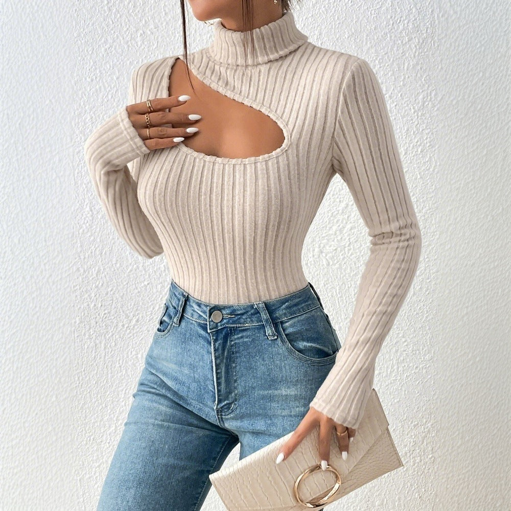 Haut à manches longues pour femmes avec coupe asymétrique et texture à fines côtes Chic & Stil