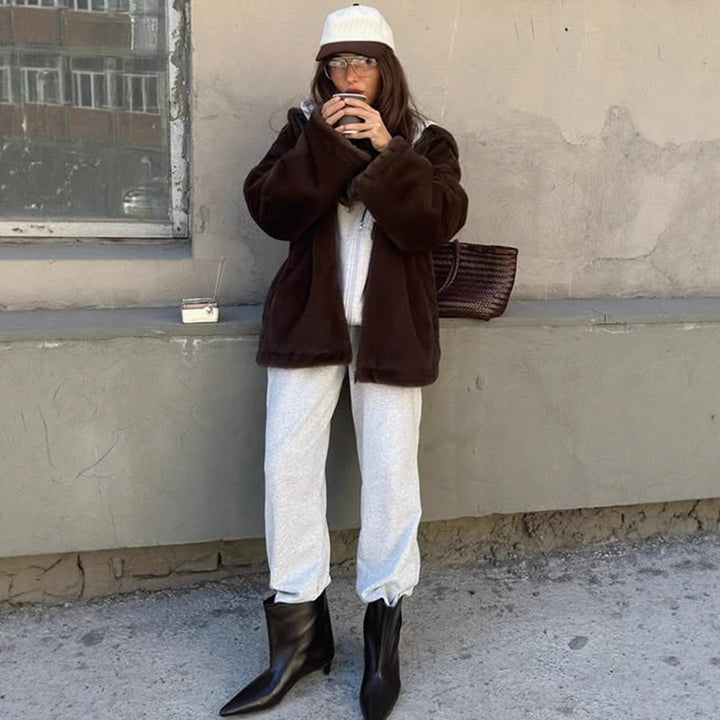 Women's Boxy Short Coat made of vegan Faux Fur with hood, concealed zipper & casual silhouette Amarae
