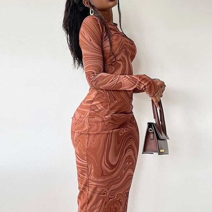 Elegant long dress with long sleeves for women with a modern marbled pattern Lune London