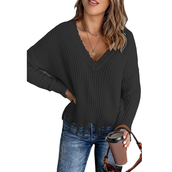 Casual V neck sweater for women with fringes and textured knit Lune London