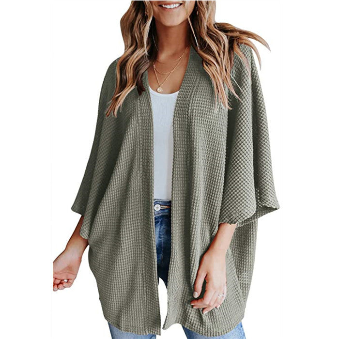 Ladies Waffle Knit Open Kimono Cardigan with Batwing Sleeves Amarae