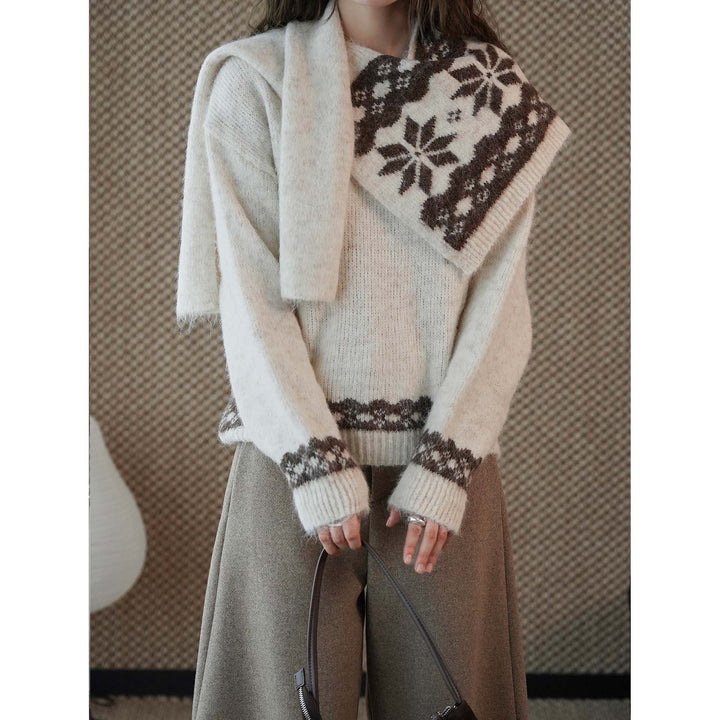 Women's Cozy Fine Knit Pullover with Integrated Shoulder Scarf and Jacquard Hem Amarae