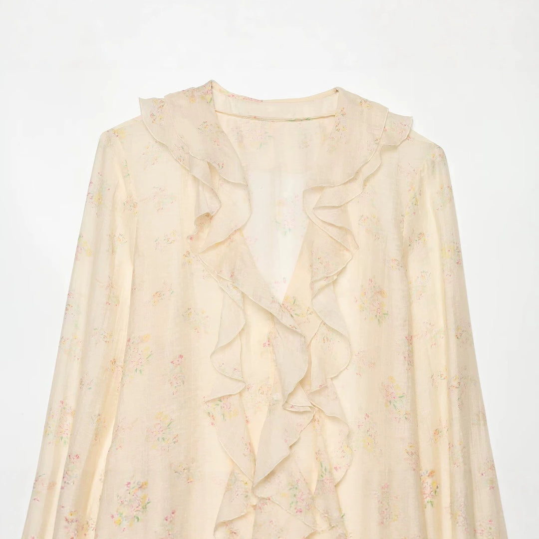 Women's chiffon blouse with ruffle front, tie cuffs and gathered sleeves Amarae