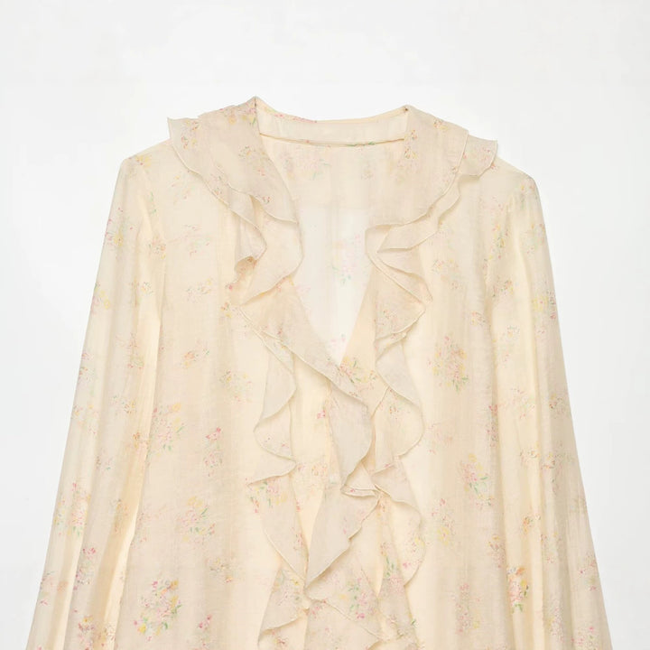Women's chiffon blouse with ruffle front, tie cuffs and gathered sleeves Amarae