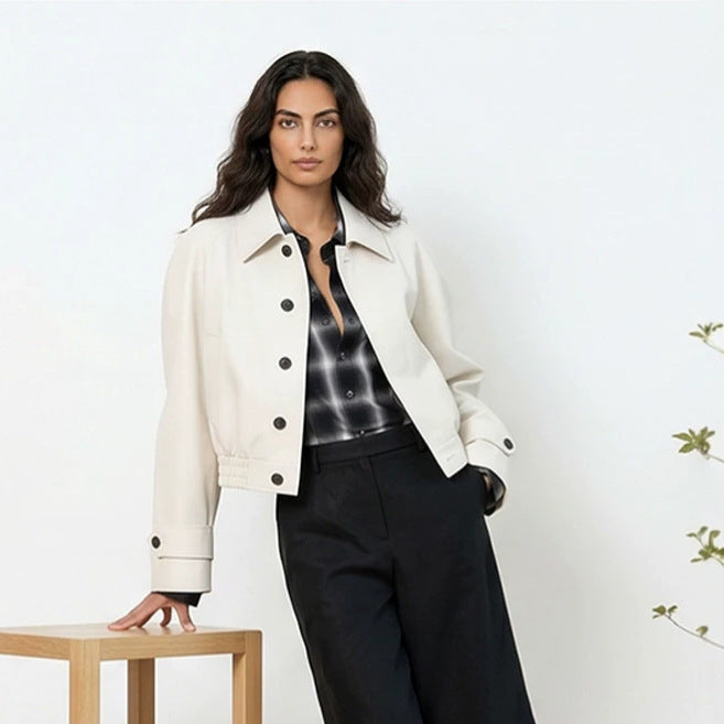 Women's Short Boxy Blouson with Elastic Hem and Distinctive Button Details Amarae