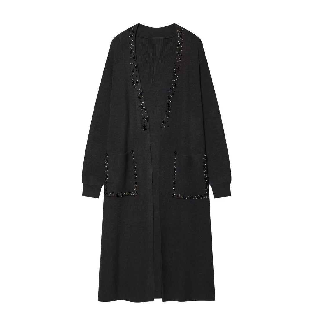 Ladies long knitted cardigan with pearl detailing Amarae