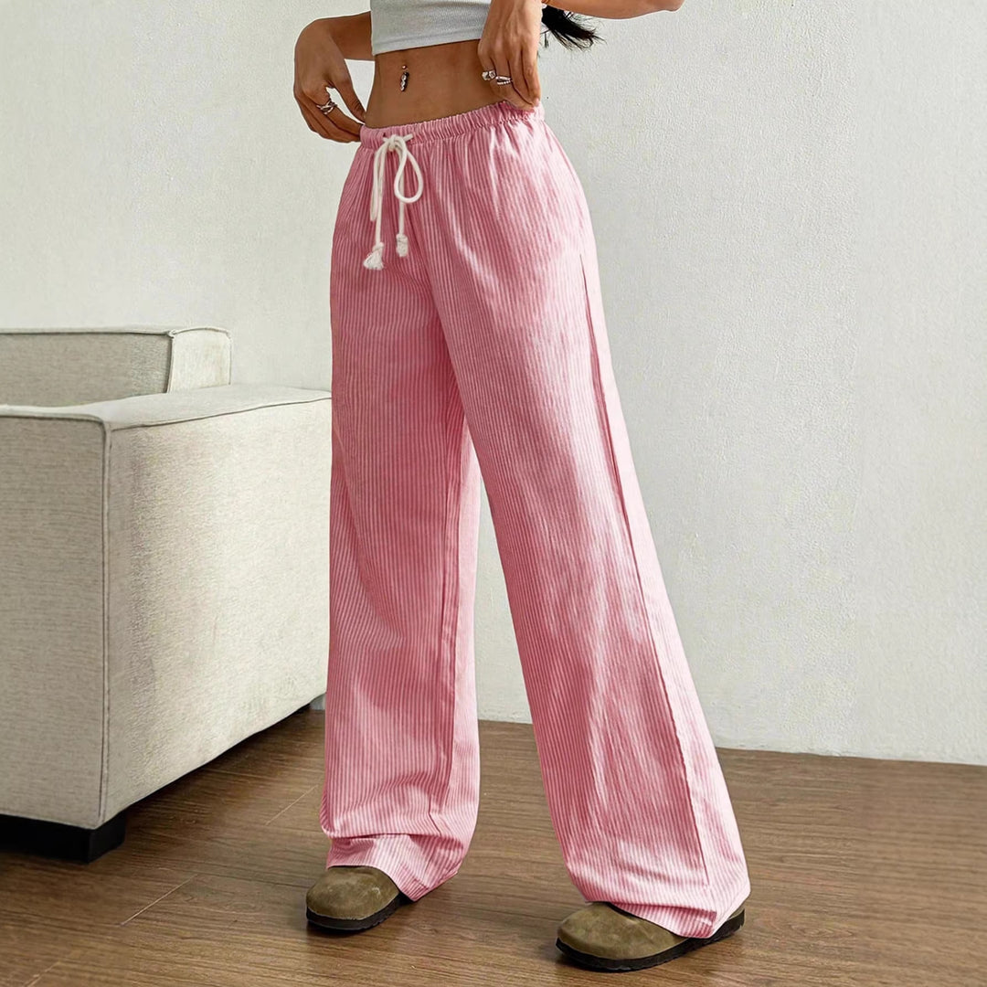 Ladies Wide Leisure Pants with Drawstring, Elastic Waistband and Fine Stripe Texture Amarae