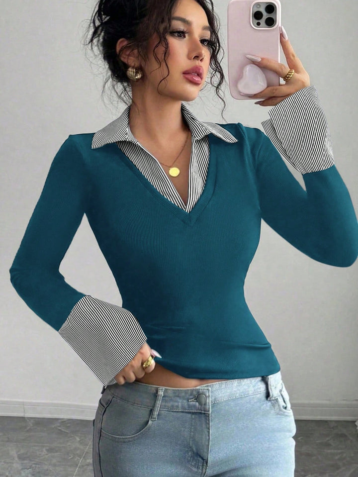 Ladies fine knit sweater with integrated shirt collar and striped cuffs Amarae