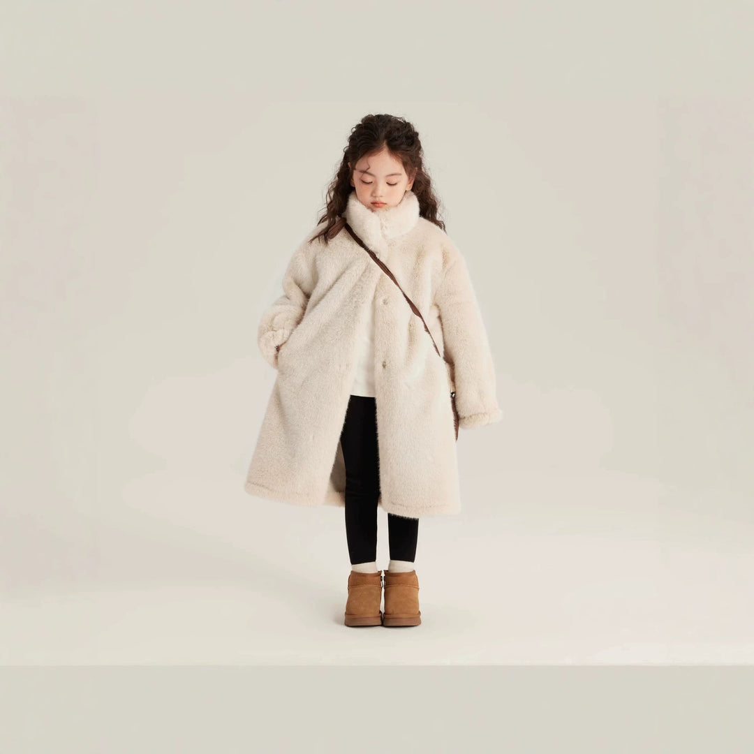 Ladies Cozy Faux Fur Coat with High Stand-Up Collar and Straight Cut Amarae