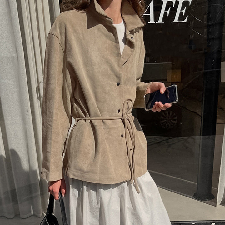 Ladies Oversized Suede-Look Utility Jacket with Drawstring Waist