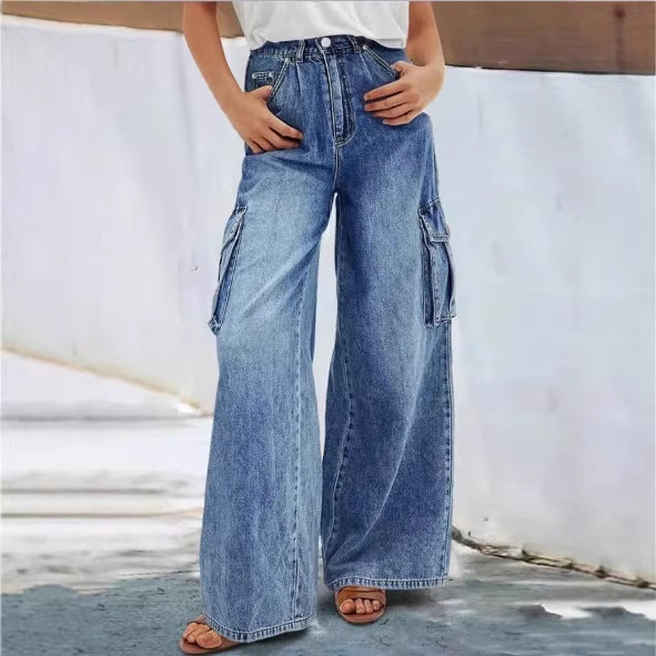Women's high-waisted wide cargo denim pants in palazzo style with patch side pockets Amarae