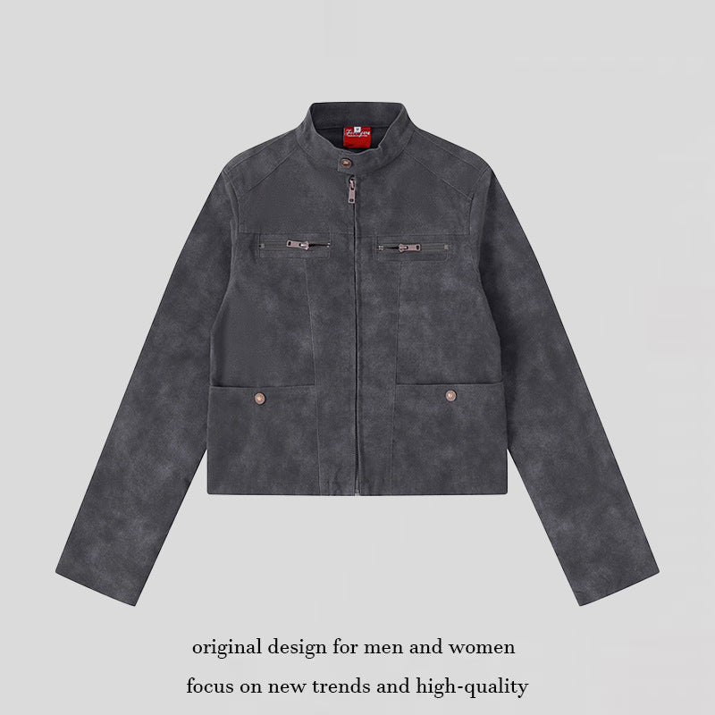 Women's short cut biker jacket in suede look with stand-up collar and chest zipper Amarae