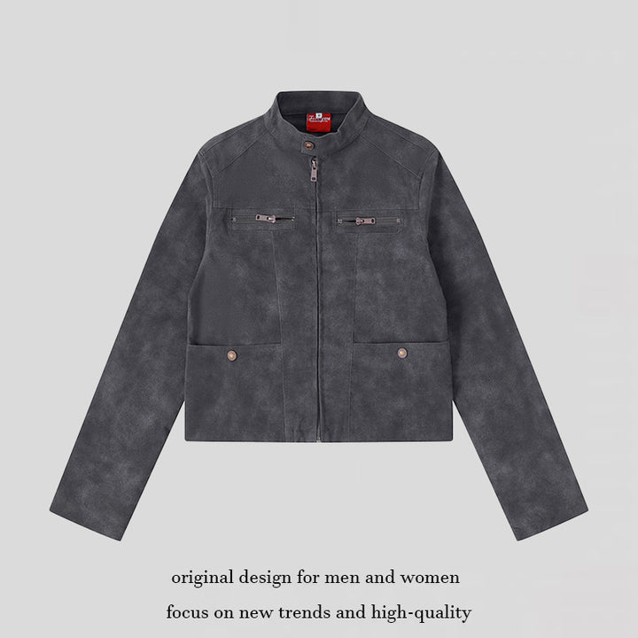Women's short cut biker jacket in suede look with stand-up collar and chest zipper Amarae