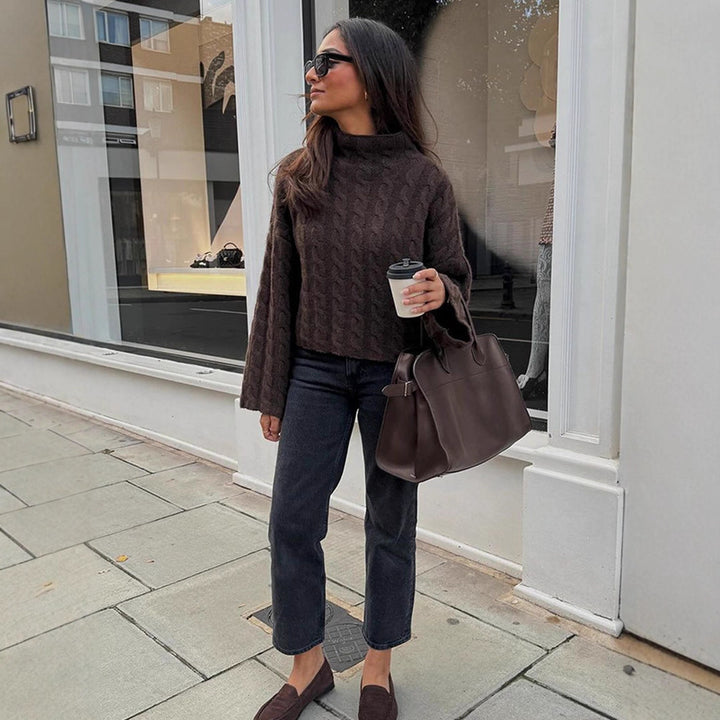Women's Short-Cut Cable Knit Sweater with Turtleneck & Balloon Sleeves Amarae