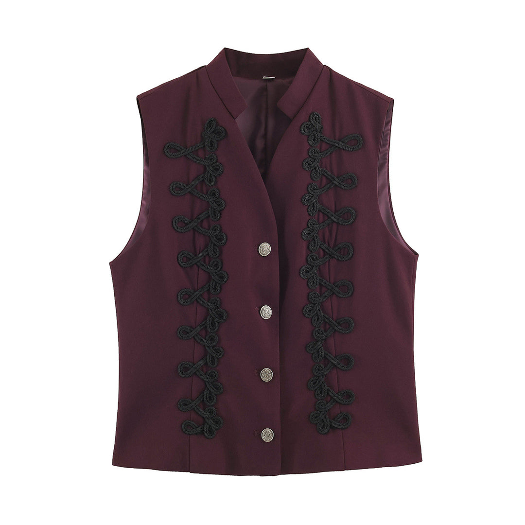 Women's sleeveless vest in uniform style with decorative frog closures and stand-up collar Amarae