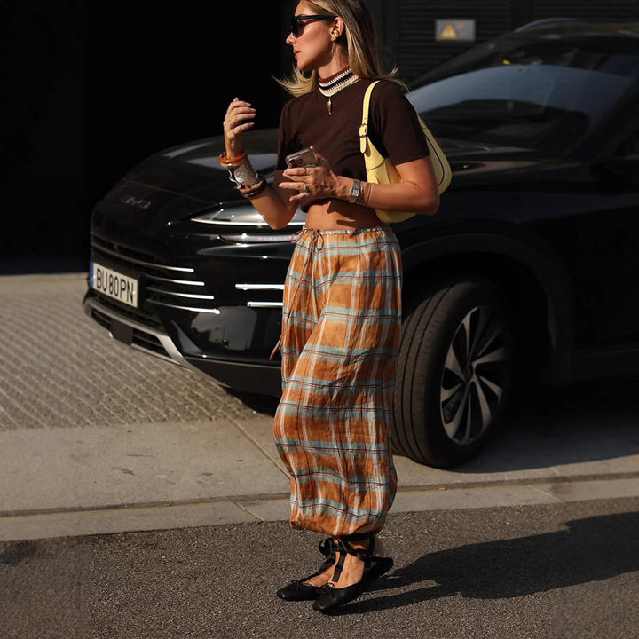 Women wide plaid harem pants with elastic waistband, drawstring & gathered ankle cuffs Amarae