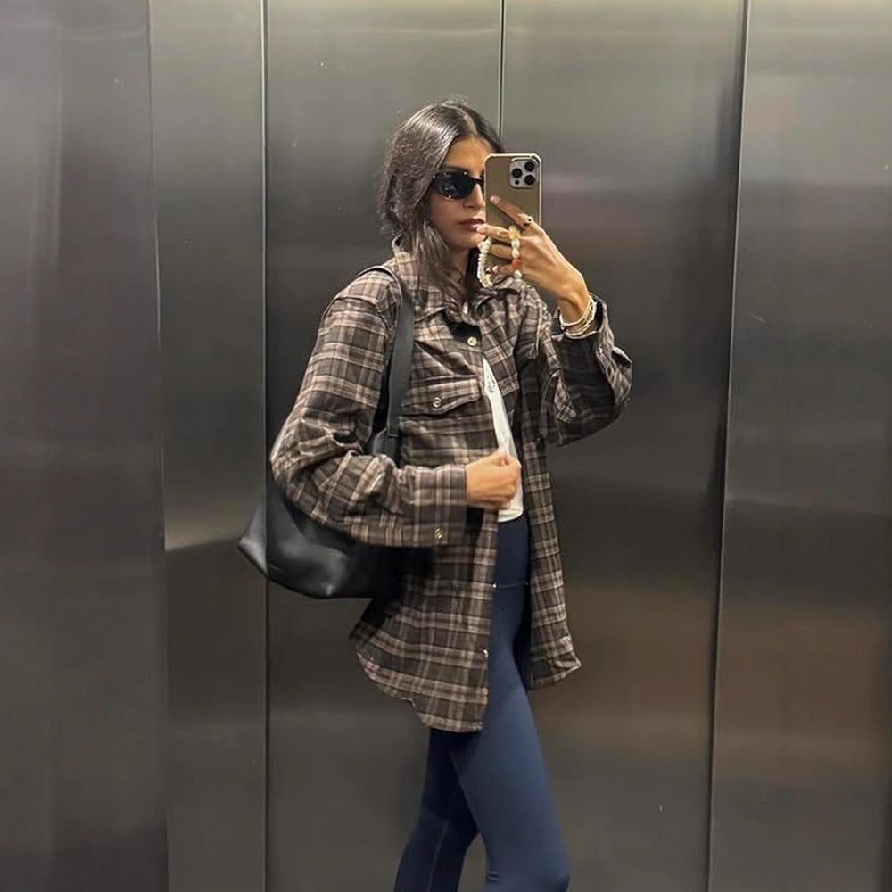 Women Checked Overshirt with Chest Pockets and Gold Snap Buttons Amarae