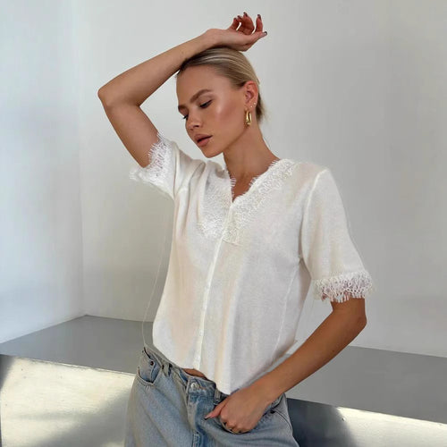Knitted jacket for women with charming lace accents Amarae