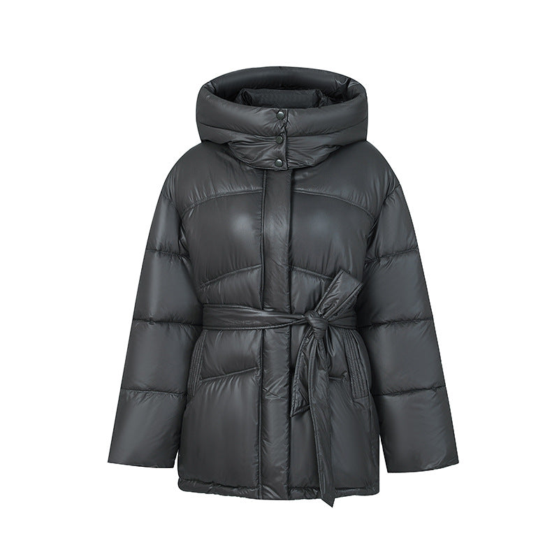 Quilted winter coat fashion for women with belt and hood Lune London