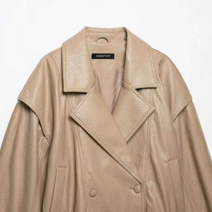 Women's Short Cut Faux Leather Jacket in Oversized Trench Style Amarae