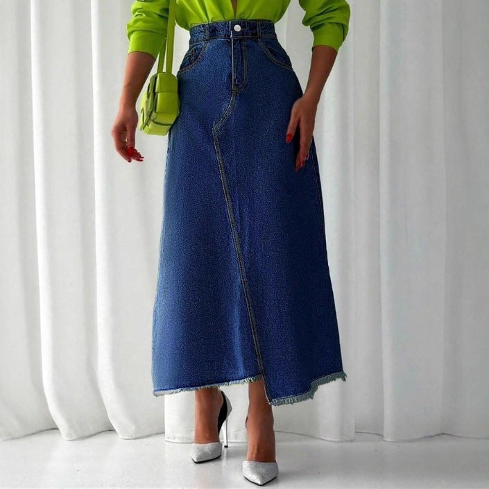 Ladies High-Waisted Maxi Denim Skirt with Asymmetrical Front Seam and Frayed Hem Amarae