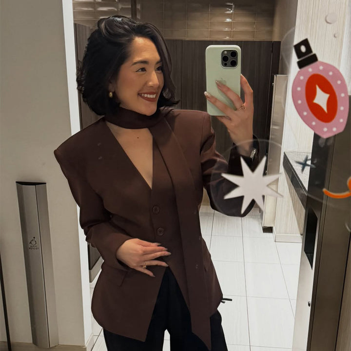 Women's Elegant Tailored Blazer-Pants Set with Integrated Scarf and V-Neck Amarae