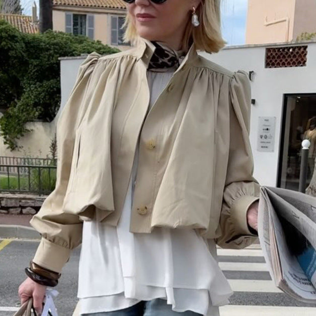 Women Lightweight Blouson Jacket with Balloon Sleeves and Stand-up Collar Amarae