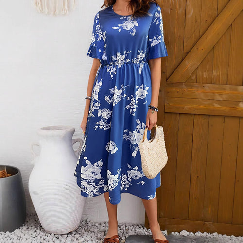 Midi dress for women with floral pattern and elastic waist Amarae