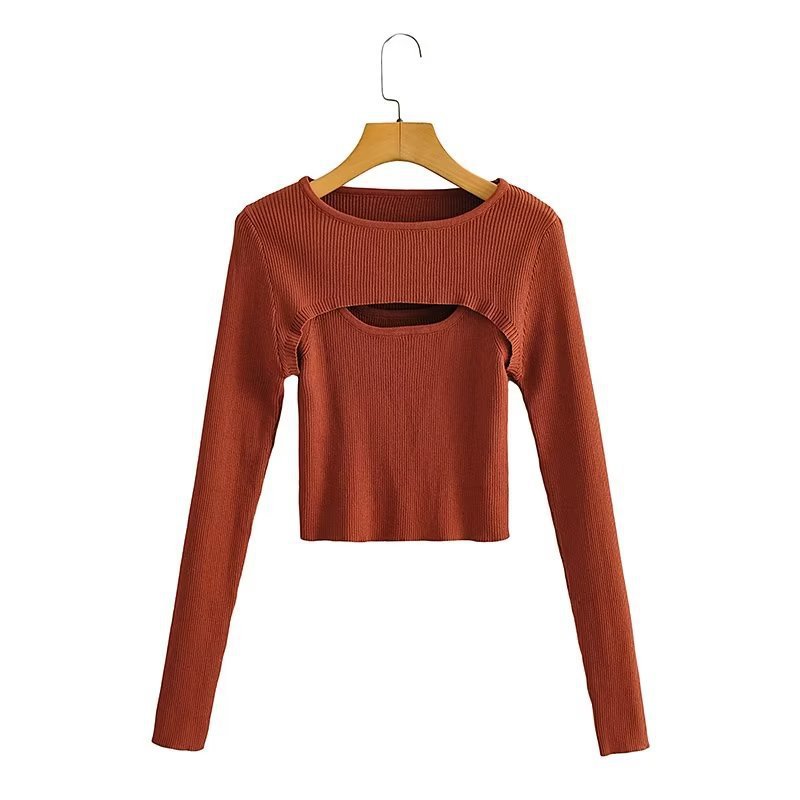 Women Ribbed Cropped Fine Knit Top with Cut-Out Details Amarae